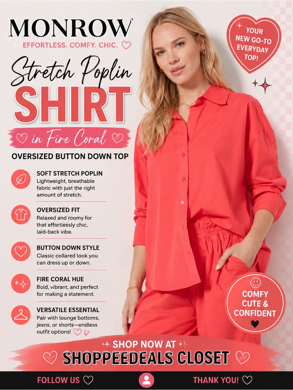 MONROW Stretch Poplin Shirt in Fire Coral Oversized Button Down Top